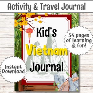 Diario de viaje para niños para las vacaciones de verano en familia en Vietnam. Guía de vacaciones con lista de deseos de Hanoi y Saigón. Registro de recuerdos de viajes sorpresa en PDF.