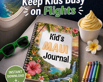 Pode incluir: Um "Kid's Maui Journal" com espiral com um design de paisagem tropical, óculos de sol verdes e uma xícara de sorvete em uma bandeja. A imagem inclui o texto "Keep Kids Busy on Flights" e "Instant Download".