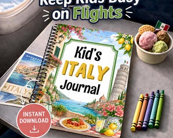May include: A spiral-bound Kid's ITALY Journal with a cover illustration of an Italian coastal scene, the Leaning Tower of Pisa, and pasta. The text reads Keep Kids Busy on Flights, Kid's ITALY Journal, and INSTANT DOWNLOAD. Five crayons and a bowl of gelato are nearby.