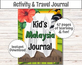 Pode incluir: Um diário de atividades e viagens imprimível para crianças com uma ilustração colorida das Torres Petronas de Kuala Lumpur, Malásia. O diário tem 47 páginas de aprendizagem e atividades divertidas. A capa também apresenta uma flor de hibisco, um pássaro cálao e casas tradicionais malais.
