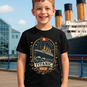 Titanic Kids Shirt – Vintage Ship Tee 1912 with White Star Flag – Historic Ocean Liner Gift – Bold Decorative Maritime Design Top – T152