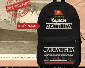 Captain Carpathia custom name backpack, personalized backpack - reusable RMS Carpathia ship gift for boy 6 14 years old, Cunand line steamer