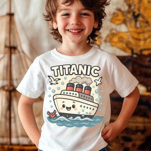 Cute Titanic Kids T-Shirt • Smiling Ship Cartoon Tee • Kawaii Ocean Liner Shirt for Boys & Girls • Toddler Cruise Ship Gift, T086