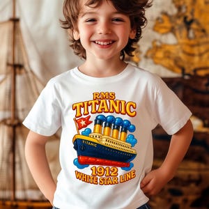 RMS Titanic 1912 Kids Shirt – Colorful White Star Line Tee for Boys & Girls Who Love Ship History, Ocean Adventure and Nautical Gifts T250