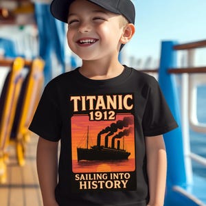 Titanic 1912 Sunset Kids T-Shirt • Sailing into History Ship Tee • RMS Titanic Learning Shirt • Historic Gift for Boys & Girls, T085