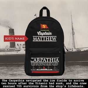 Sac à dos avec nom personnalisé Captain Carpathia, sac à dos personnalisé - cadeau de bateau RMS Carpathia réutilisable pour garçon de 6 à 14 ans, bateau à vapeur de la ligne Cunand