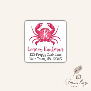 Personalized Preppy Hot Pink Monogram Initial Crab Crabby Return Address Labels Square Mailing Stickers Sheet of 24