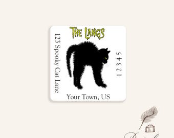 Spooky Spooked Black Cat Scaredy Cat Happy Halloween Creepy Goth Silhouette Square Return Address Label Mailing Label Sheet of 24 Stickers
