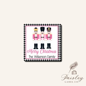 Merry Christmas Pink Nutcracker Trio Personalized To From Gift Tag Class Party Favor Square Labels Sheet of 12 stickers