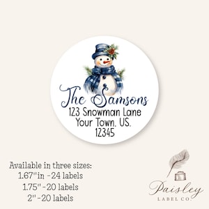 Winter Holiday Snowman Navy Blue Plaid Scarf Hat Pinecone Round  Return Address Labels Mailing Stickers Personalized