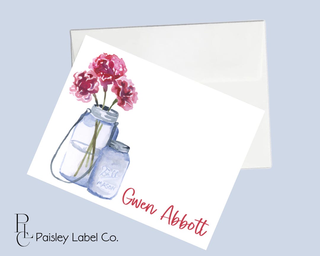 Watercolor Mason Jar Pink Red Flower Farmhouse Style Notecard Note Card ...