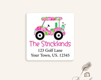 Personalized Preppy Hot Pink Preppy Golf Cart Girlie Ladies Lime Green Roses Country Club Return Address Labels Square Mailing Stickers