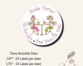 Funny Women Ladies Having Tea Coffee With Friends Tea Time Party Pink Round Mailing  Return Address Labels Stickers Multiple Sizes