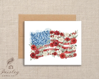 Patriotic Watercolor Floral Flower American Flag Day Veterans Day, Memorial Day Folded Note Cards USA Notecard Stationery Set