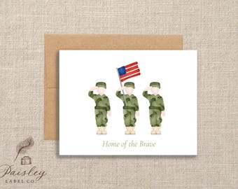 Watercolor Home of the Brave Army Military Patriotic USA Flag Salute Soldier Veteran Family Note card Notecard Thank You Cards Set of 12