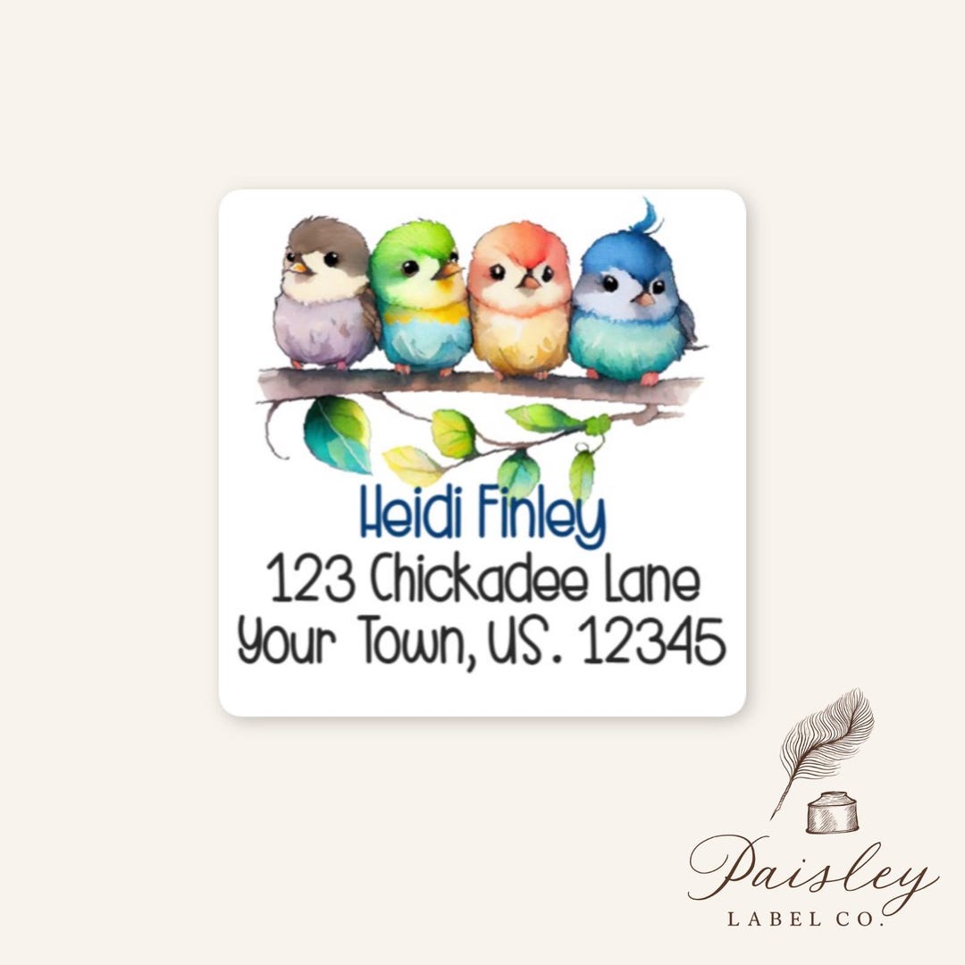 Chick Address Labels Personalized Chickadee Chick Chic Bird Birds in a Line Watercolor ...
