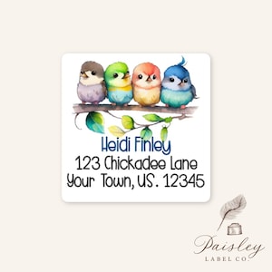 Personalized Chickadee Chick Chic Bird Birds in a line Watercolor Return Address Labels Square Mailing Stickers Sheet of 24