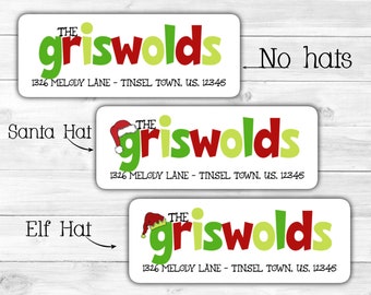 Bold Colorful Red Lime Green Whimsical Christmas Santa Claus Elf Hat Cap Personalized Holiday Return Address Labels Mailing Stickers
