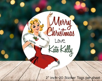 2" Round Personalized Christmas Labels Gift Tag Vintage Retro Girl Santa Party Favors Gift Giving Tags To From Tags Stickers Labels