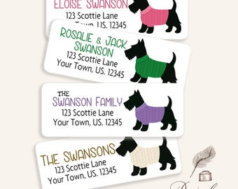 Scottish Terrier Sweater Return Address Labels Scottie Dog Address Black Scotty Dog With Bow Scottie With Scarf Labels Stickers Sheet of 30