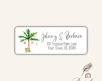 Tropical Christmas Palm Tree Ornaments Gift Custom Personalized Return Address Labels Mailing Stickers Set of 30