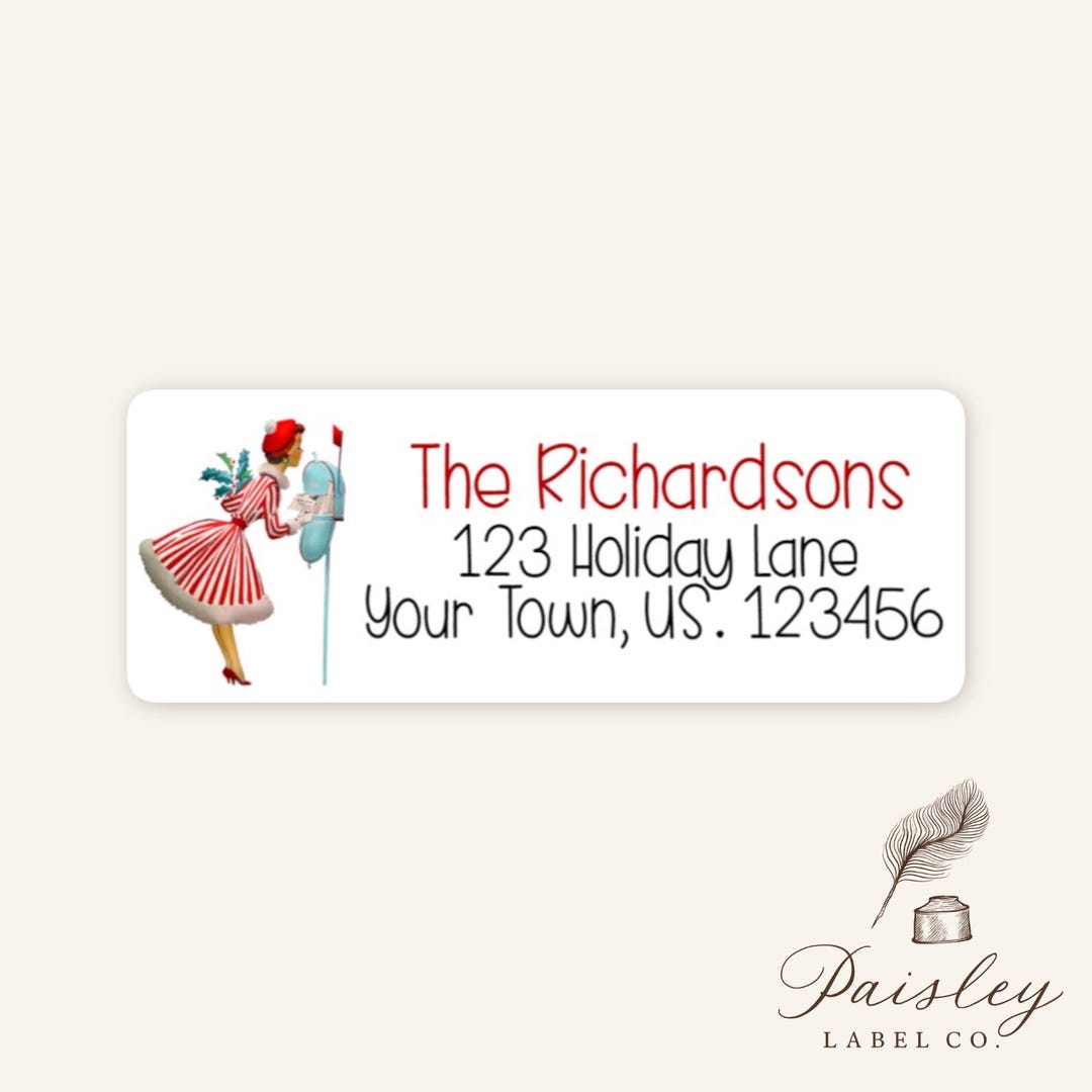 150 Personalized Return Address Labels Vintage Lady in red Polka dot