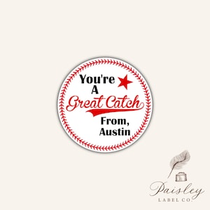 Personalized Valentines You're a Great Catch Baseball Threads Star Gift Tag Round Stickers Party Favor Gift Bags Multiple Sizes