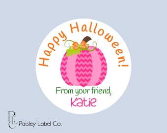 Happy Halloween Labels and Stickers Fall Chevron Pink Pumpkin Gourd Class Party Favors Gift GivingTag Goodie Bag Tags Round Multiple Sizes