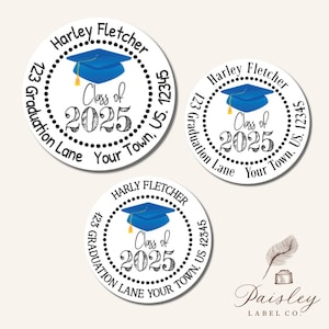 Class of 2025 Graduation High School Collage Cap Graduation Announcement Personalized Round Return Address Labels Stickers 4 Sizes