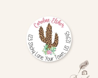 Round Leopard Animal Print Cactus Pink Prickly Pear Flower Personalized Return Address Labels Mailing Stickers Multiple Sizes