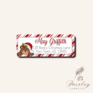 Peeking Peek A Boo Christmas Bear Cub Teddy Bear Holly Candy Cane Holiday Return Address Mailing Labels Stickers Sheet of 30