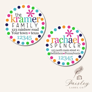 Colorful Bright Rainbow Preppy Dot Dotted Personalized Cheerful Whimsical Round Circle Return Address Labels Stickers Multiple Sizes