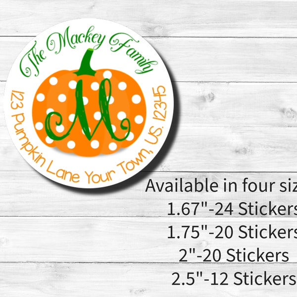 Personalized Monogram Autumn Fall Thanksgiving Halloween Polka Dot Orange Pumpkin Gourd Round Return Address Mailing Labels Multiple Sizes