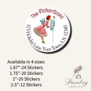 Christmas Return Address Labels Vintage Lady Checking Mail Holiday Holly Round Personalized White Matte Christmas Labels Multiple Sizes