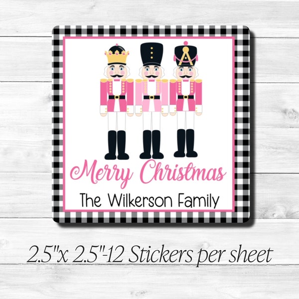 Merry Christmas Pink Nutcracker Trio Personalized To From Gift Tag Class Party Favor Square Labels Sheet of 12 stickers