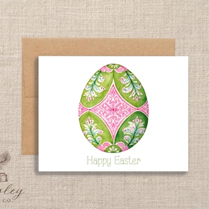 Preppy Watercolor Easter Egg Spring Floral Note Cards • Pink & Kelly Green • Happy Easter Folded Blank Inside Notecard Set Stationery