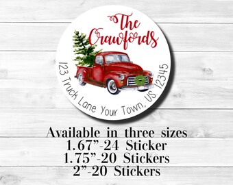 Christmas Return Address Labels Vintage Red Truck With Tree Fir Round Address Mailing Stickers Labels Personalized