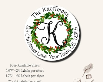 Christmas Winter Monogram Wreath Peronalized Berries Eucalyptus Wreath Circle  Round Circle Return Address Labels Stickers Multiple Sizes