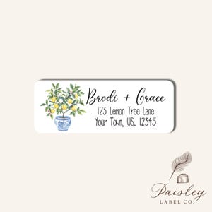 Lemon Tree Topiary Chinoiserie Preppy Blue Toile Mediterranean Lemons Personalized Return Address Labels Mailing Stickers Sheet of 30