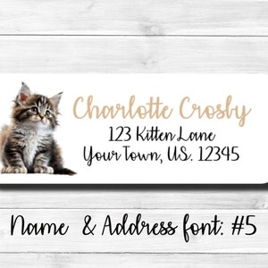 May include: A white label with a brown tabby kitten image on the left side. The text on the label reads "Charlotte Crosby, 123 Kitten Lane, Your Town, US. 12345". Below the label, the text "Name & Address font: #5" is written in black.