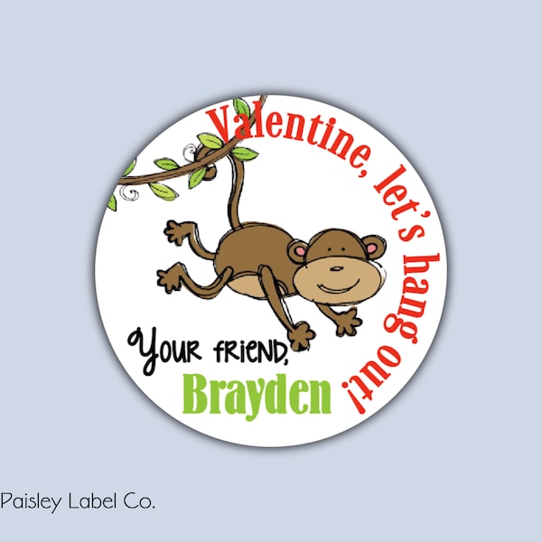 Valentine Let's Hang Out! Monkey Happy Valentine's Day Monkey Hanging from Tree limb Kids Class Party Favors Label Stickers