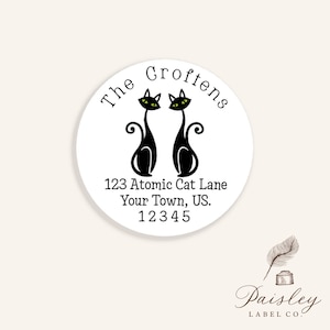Black Cat Atomic Silhouette 50's 60's Retro Vintage Mid-Century Round Personalized Return Address Labels Mailing Stickers Multiple Sizes