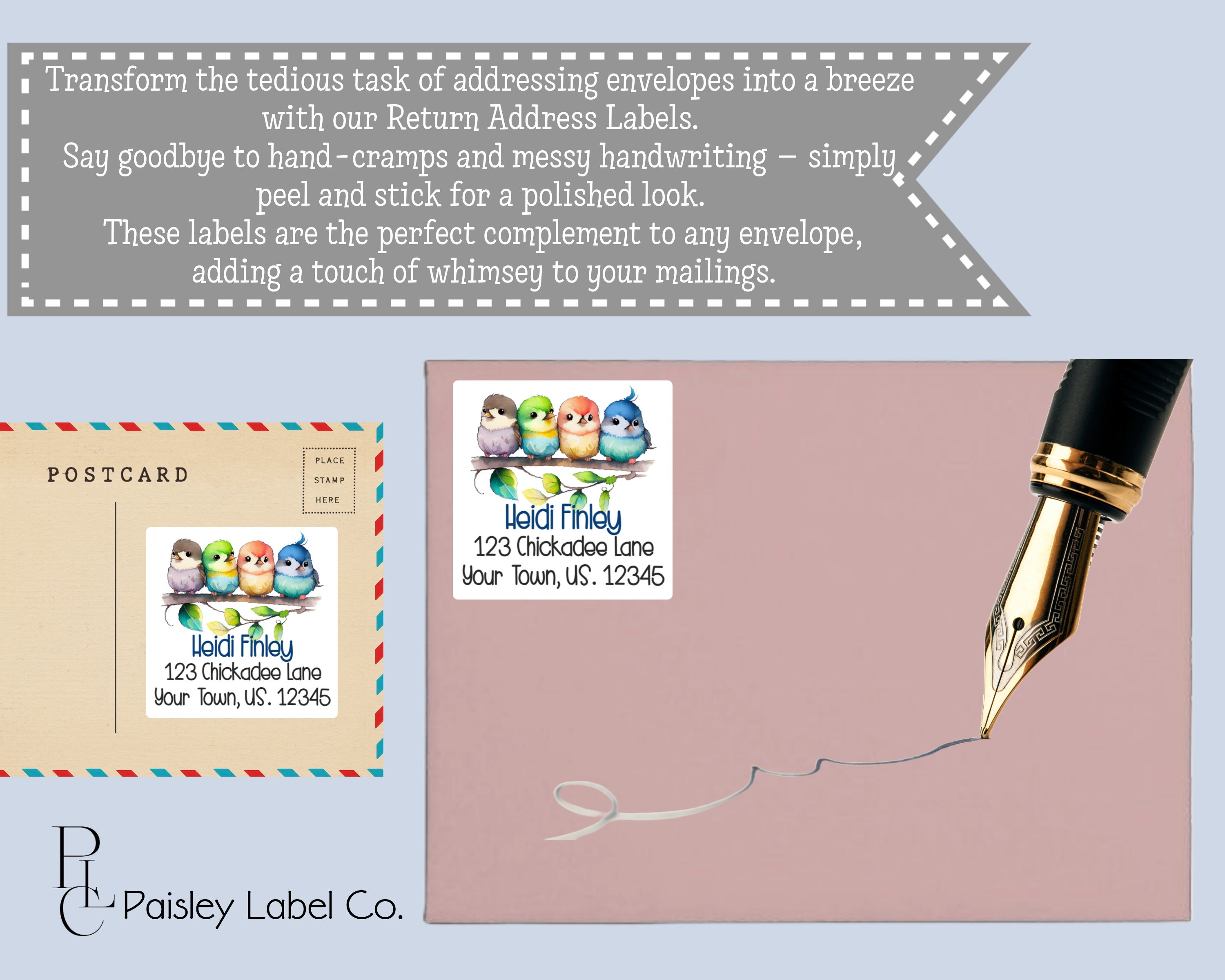 Chick Address Labels Personalized Chickadee Chick Chic Bird Birds in a Line Watercolor ...