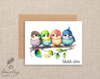 Chickadee Chick Chic Bird Birds in a line Watercolor Whimsical Set of 12 Gift Notecard Note Card Stationery Stationary Folded Note Card Set