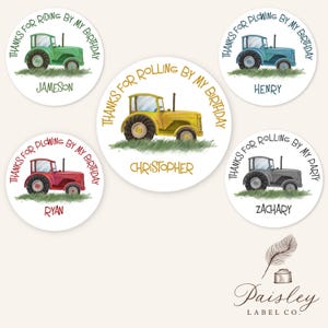 Personalized Farm Tractor Combine Plough Stickers Red Green Blue Yellow Gray Grey Party Favors Treat Bags Round Circle Stickers