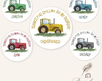 Personalized Farm Tractor Combine Plough Stickers Red Green Blue Yellow Gray Grey Party Favors Treat Bags Round Circle Stickers