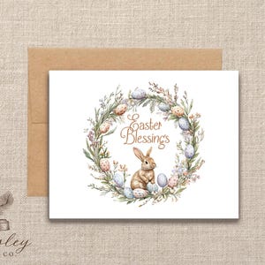 Watercolor Easter Egg Wreath Rabbit Bunny Easter Blessings Spring Notecard Note Card Stationery Stationary Folded Blank Inside Set of 12