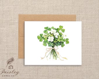 St. Patrick's Day Shamrock 4 leaf Clover Bouquet Personalized Gift Notecard Note Card Stationery Stationary Folded Cards Set of 12