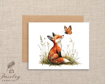 Woodland Red Fox Butterfly Every Day Note Card Set Rustic Forest Stationery Blank Inside Notecards Set of 12 With Envelopes