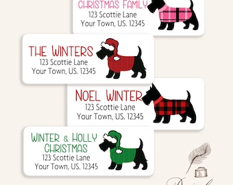 Christmas Santa Hat Scottish Terrier Return Address Labels Personalized Scottie Dog Black Scotty Dog Pink Tartan Plaid Mail Labels Stickers